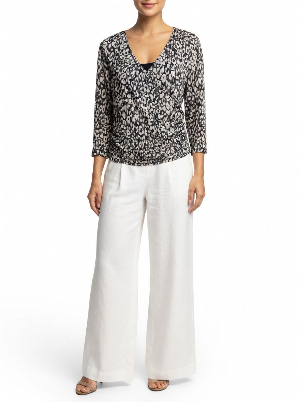 Tahari Leopard Pattern Sheer Wrap Front with Black camisole Top